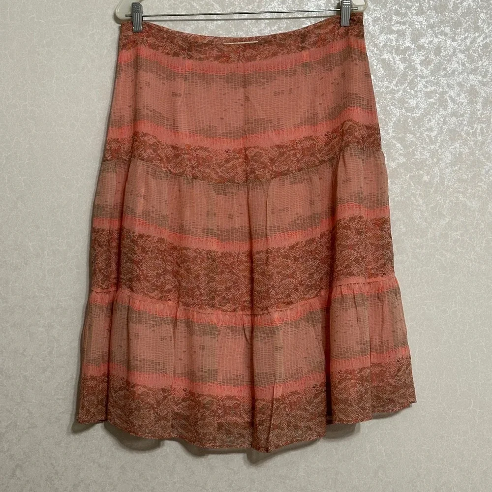 Susan Bristol Vintage Silk Pink Snake Print Tiered Midi A-Line Skirt Lined Sz 12